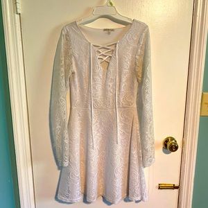 White lace, long sleeve Midi Dress.